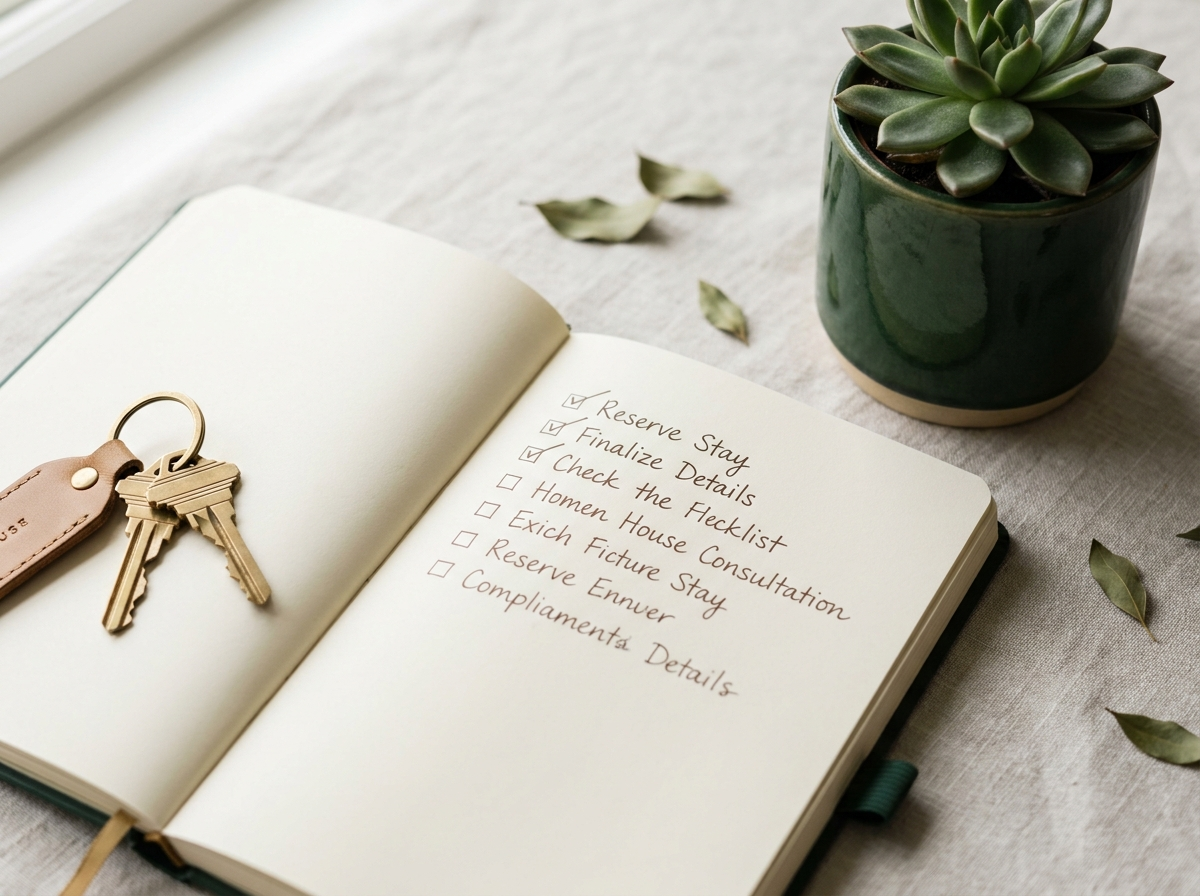 An organized flat-lay of a checklist notebook and house keys