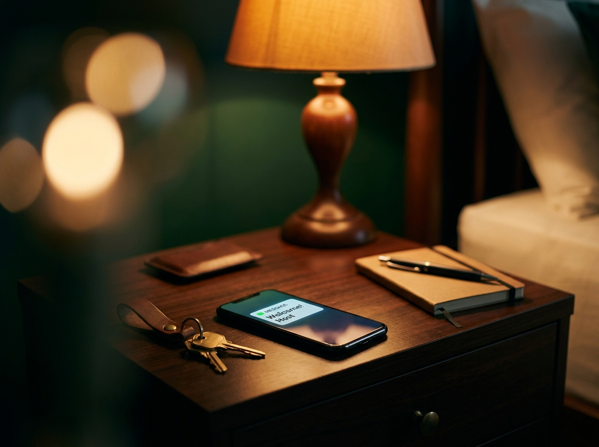 A phone glowing with a guest message notification at night