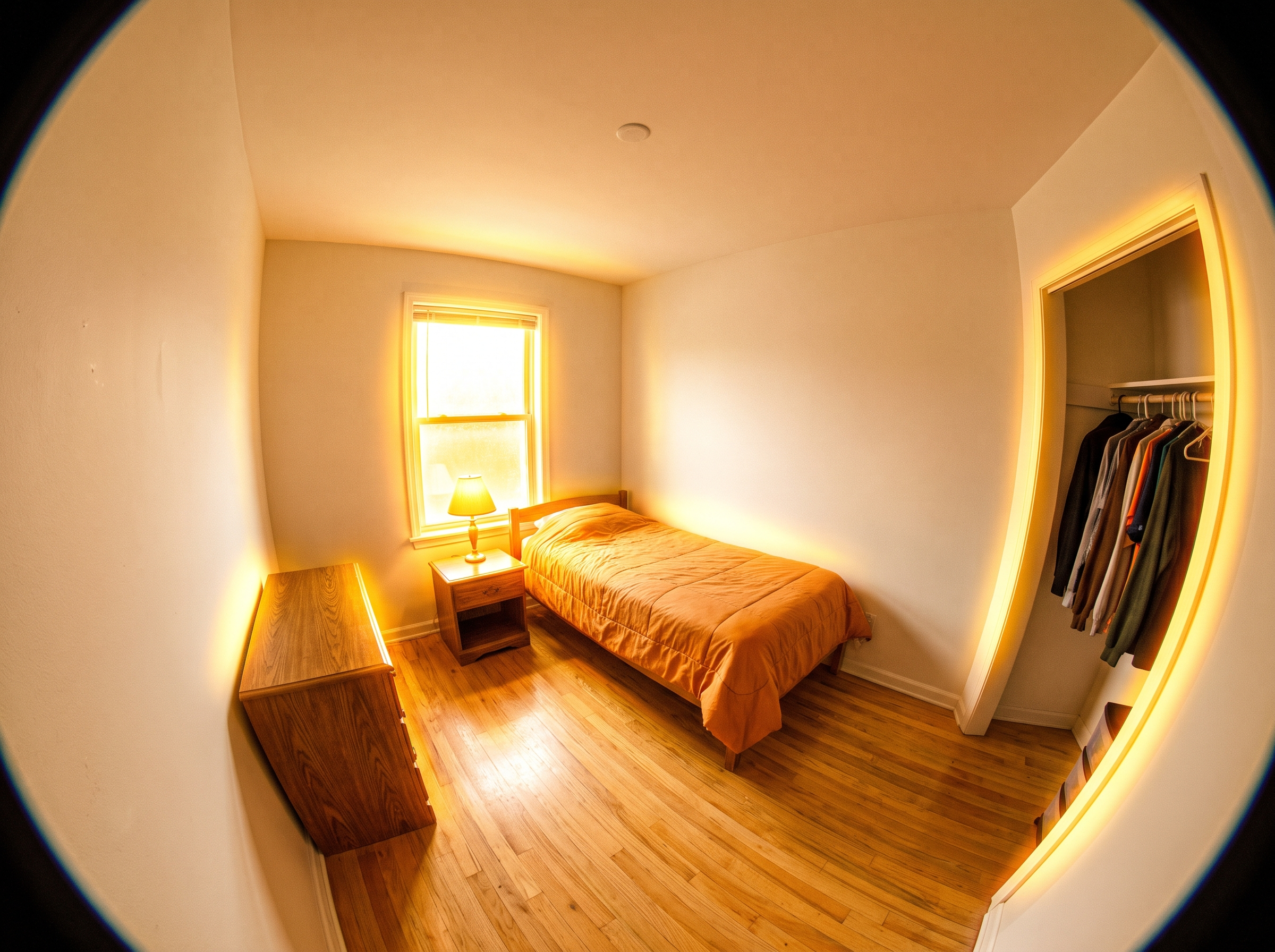 An over-edited listing photo with fisheye distortion and unnatural warm glow, shown as it would appear in a listing photo viewer