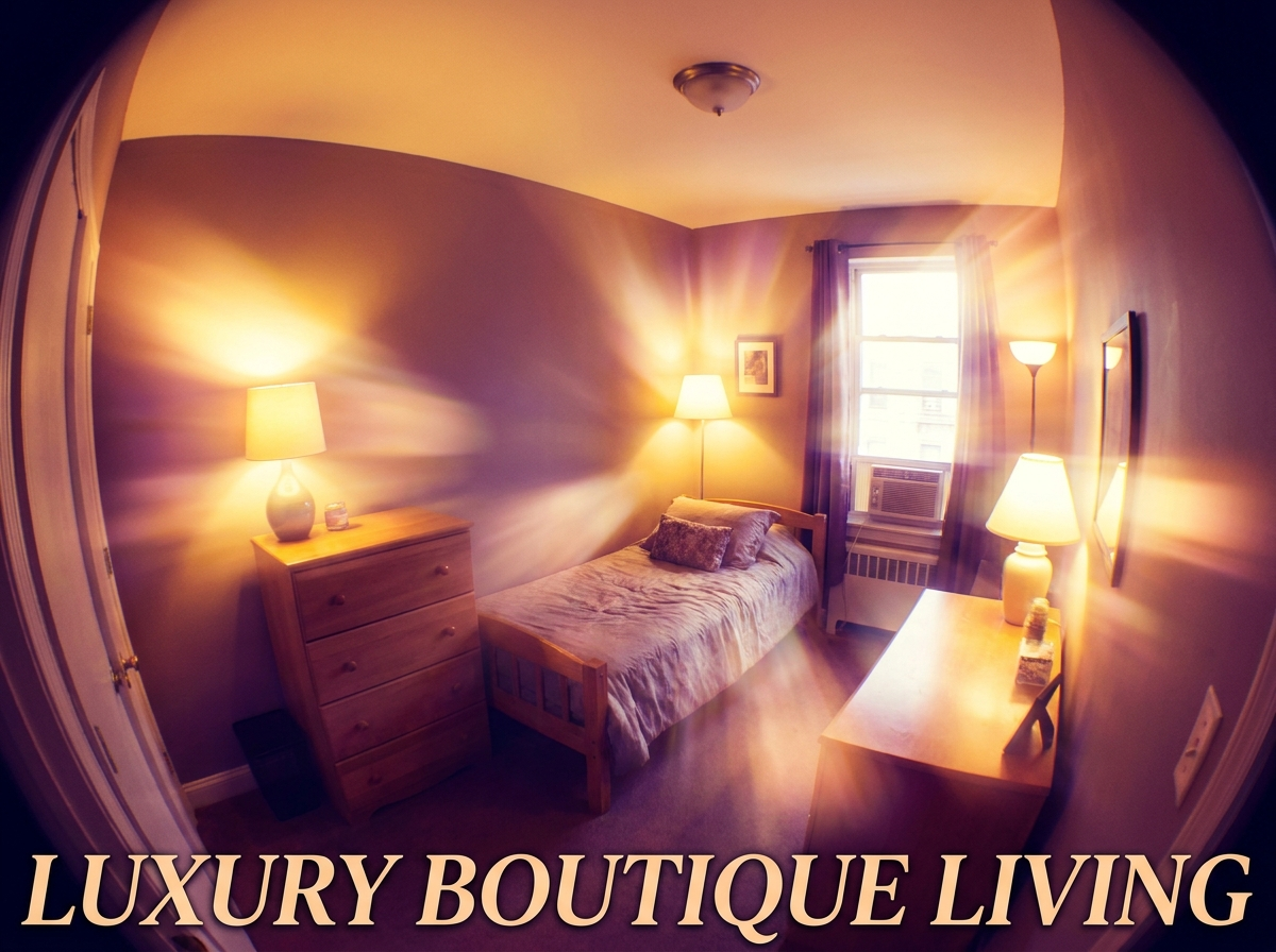 An over-edited listing photo with fisheye distortion and unnatural warm glow