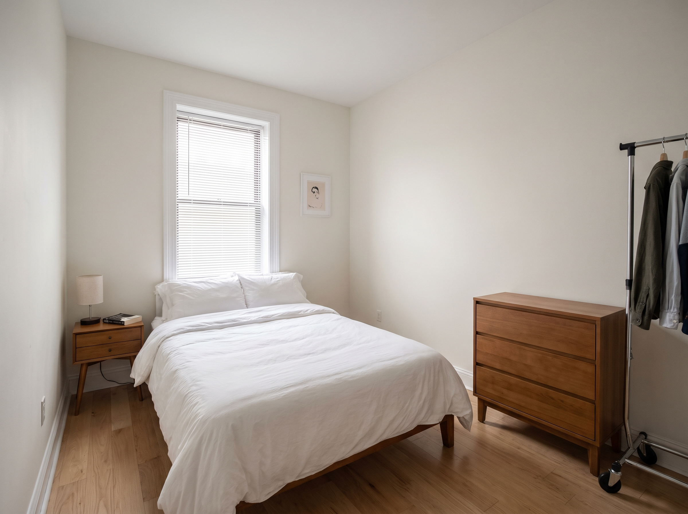 A naturally lit, accurate photo of the same type of small bedroom, as it actually looks in person