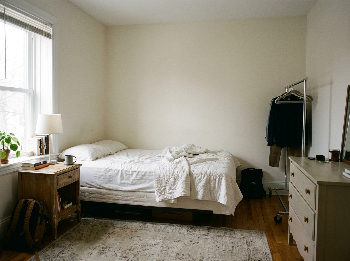 A naturally lit, accurate photo of the same type of small bedroom